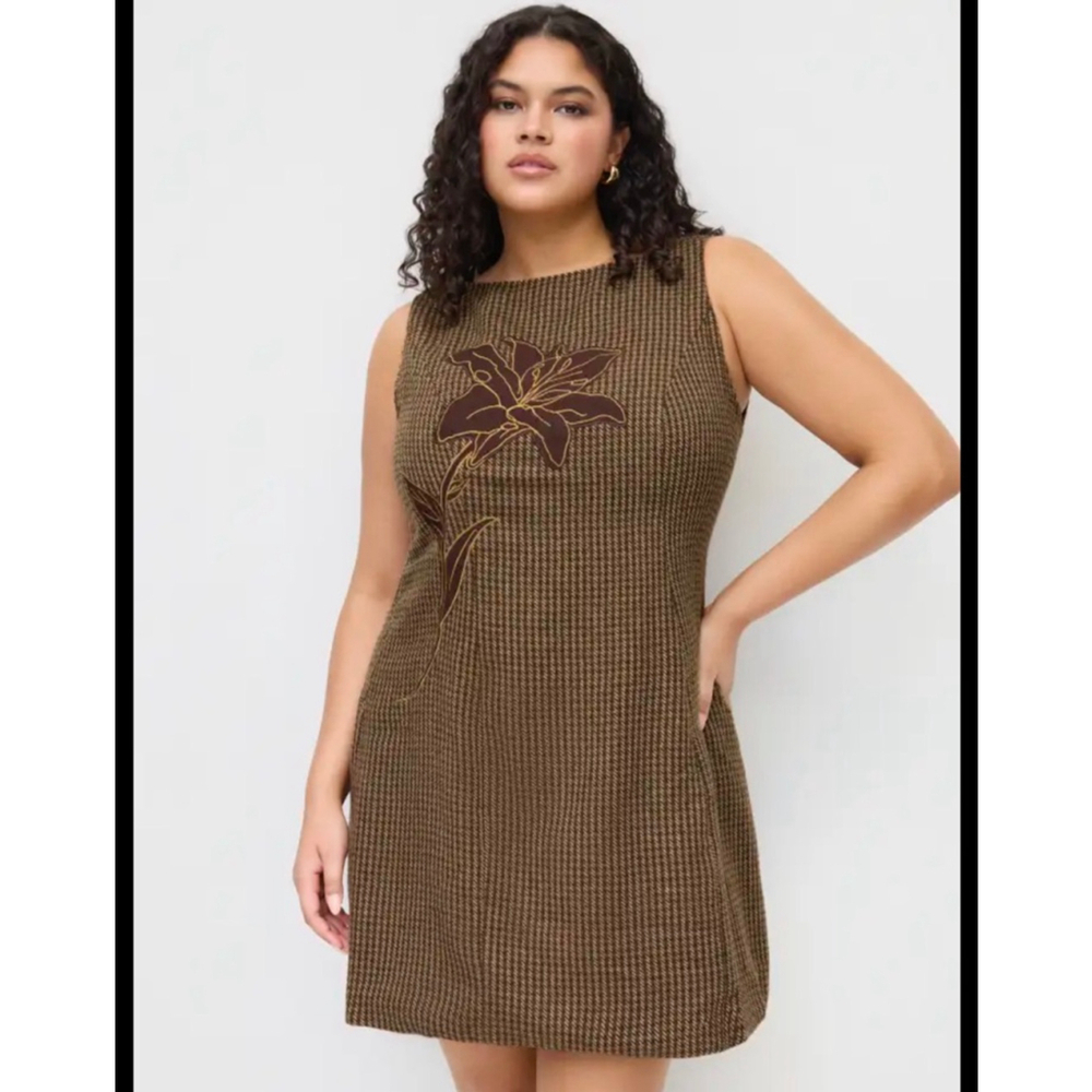 CIDER S Brown Tweed Floral Applique Sleeveless Mini Dress Cottagecore Academia